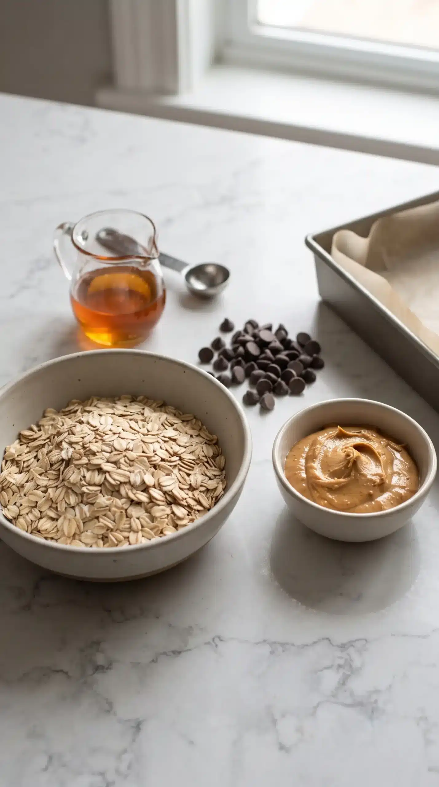 Rolled oats, peanut butter, honey, chocolate chips, and lined baking pan for granola bars