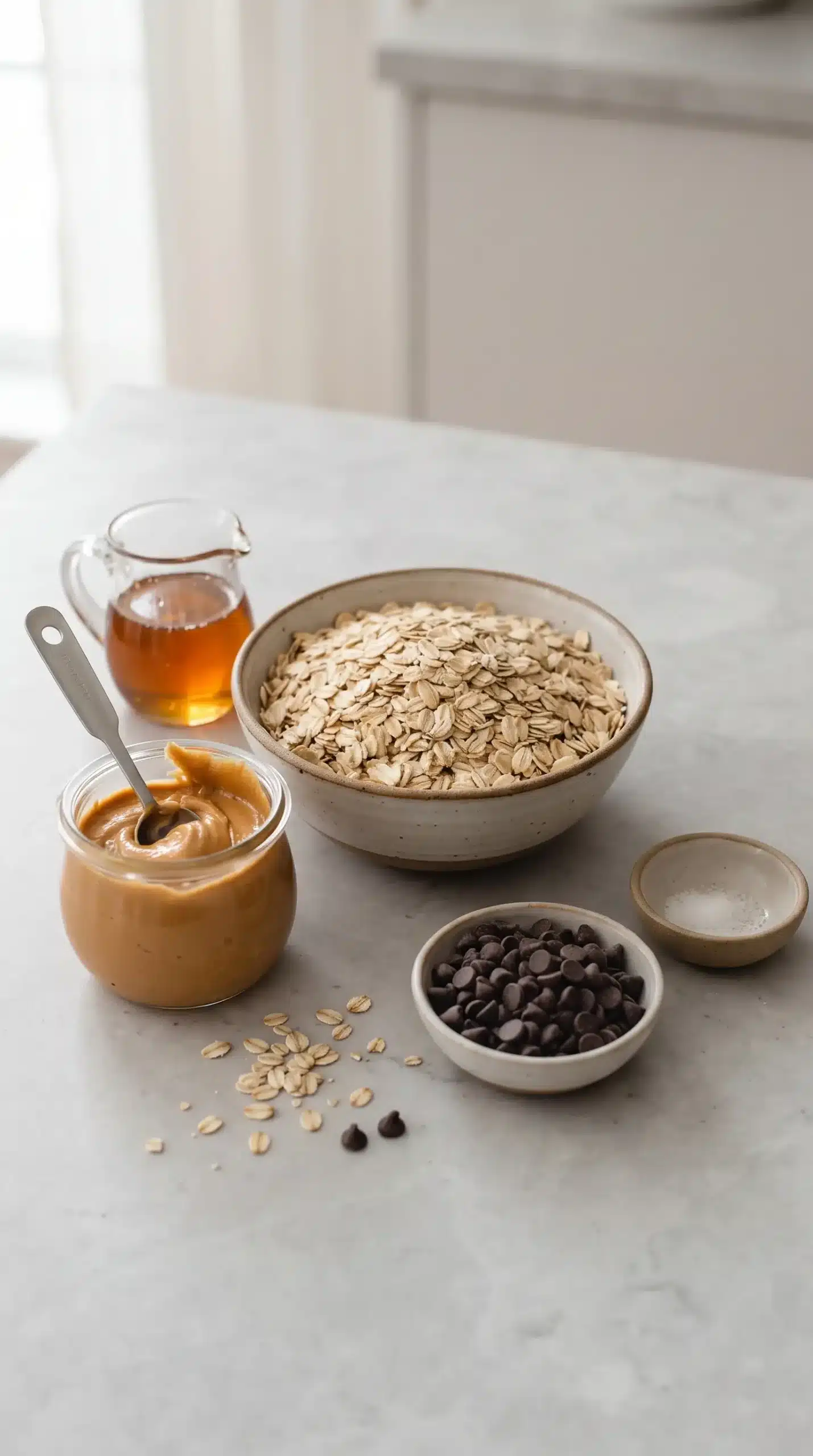 Rolled oats, peanut butter, honey, chocolate chips, and salt for granola bars