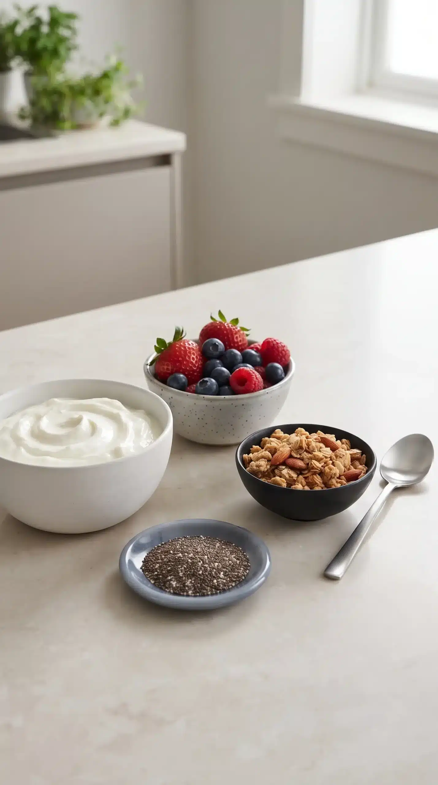 Greek yogurt, fresh berries, granola, and chia seeds arranged for parfait ingredients