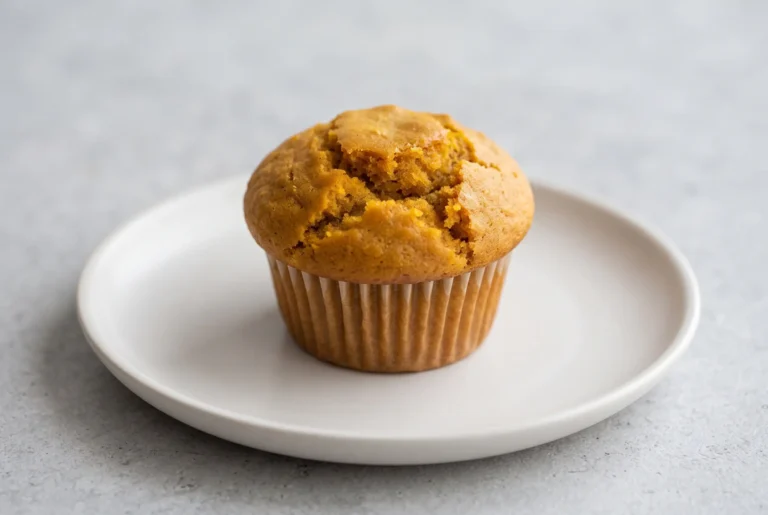 Greek yogurt pumpkin muffin with a moist crumb and golden-orange whole wheat texture on a plate