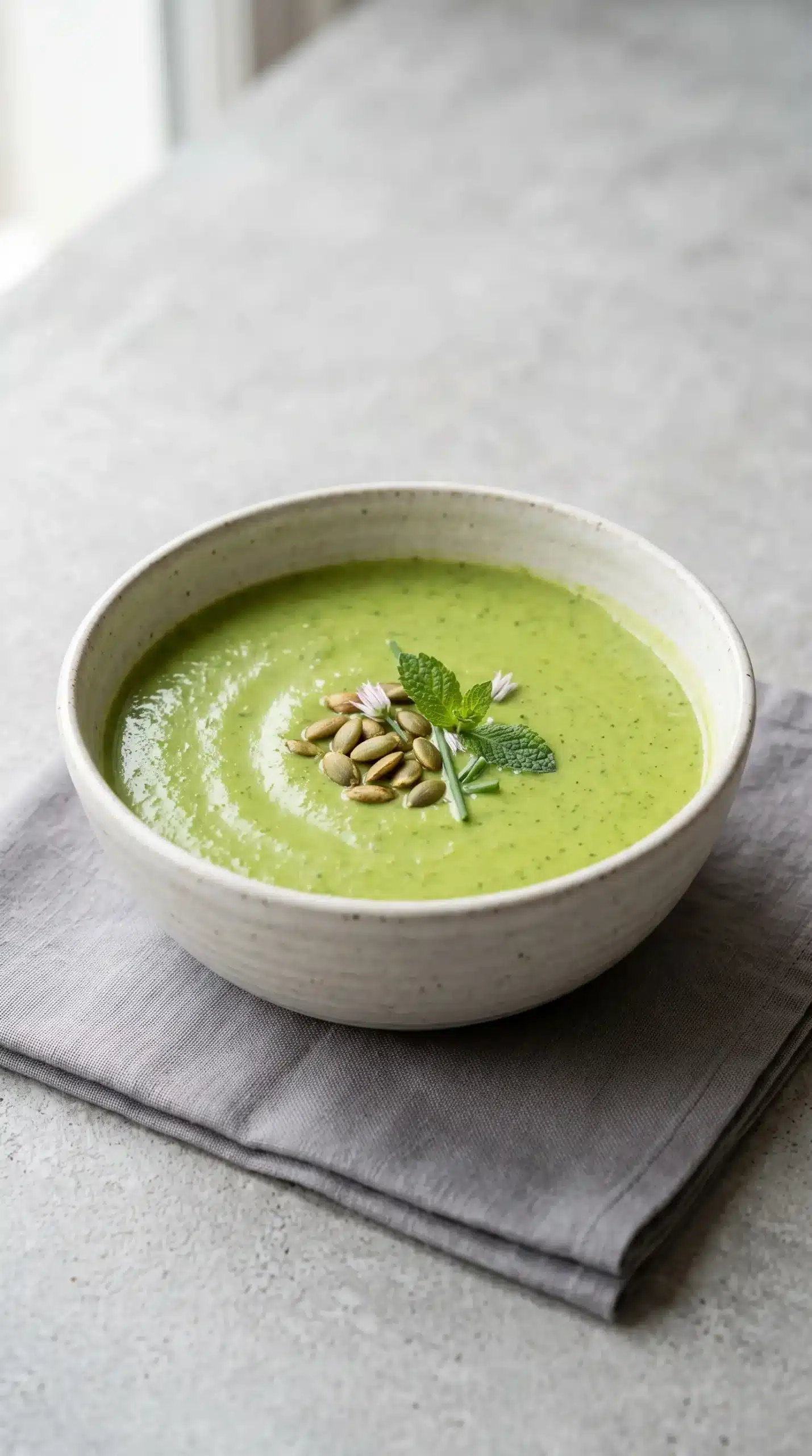 Silky green goddess herb soup topped with fresh herbs and toasted pumpkin seeds