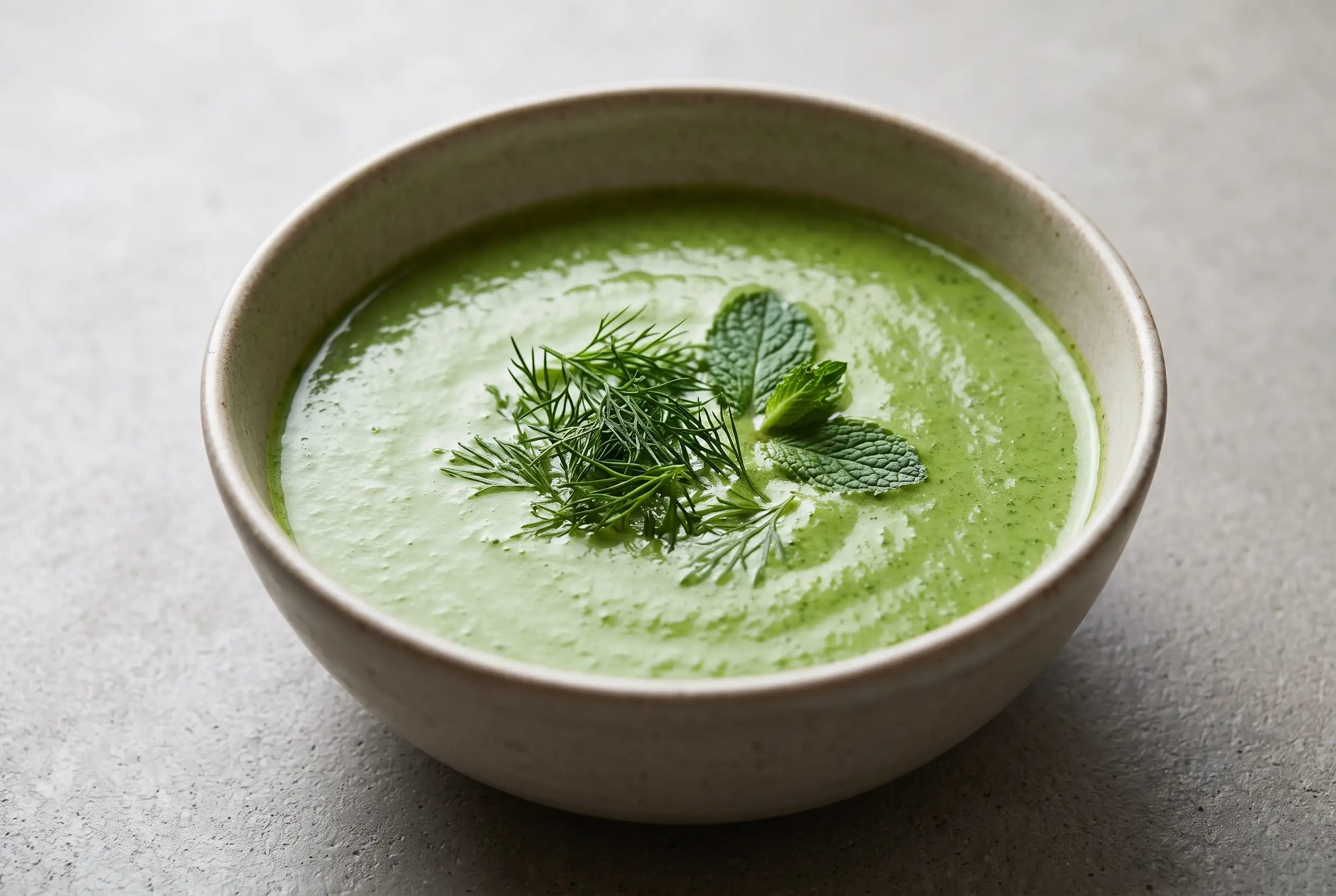 Green goddess herb soup with coconut milk and fresh herb garnish in a neutral ceramic bowl