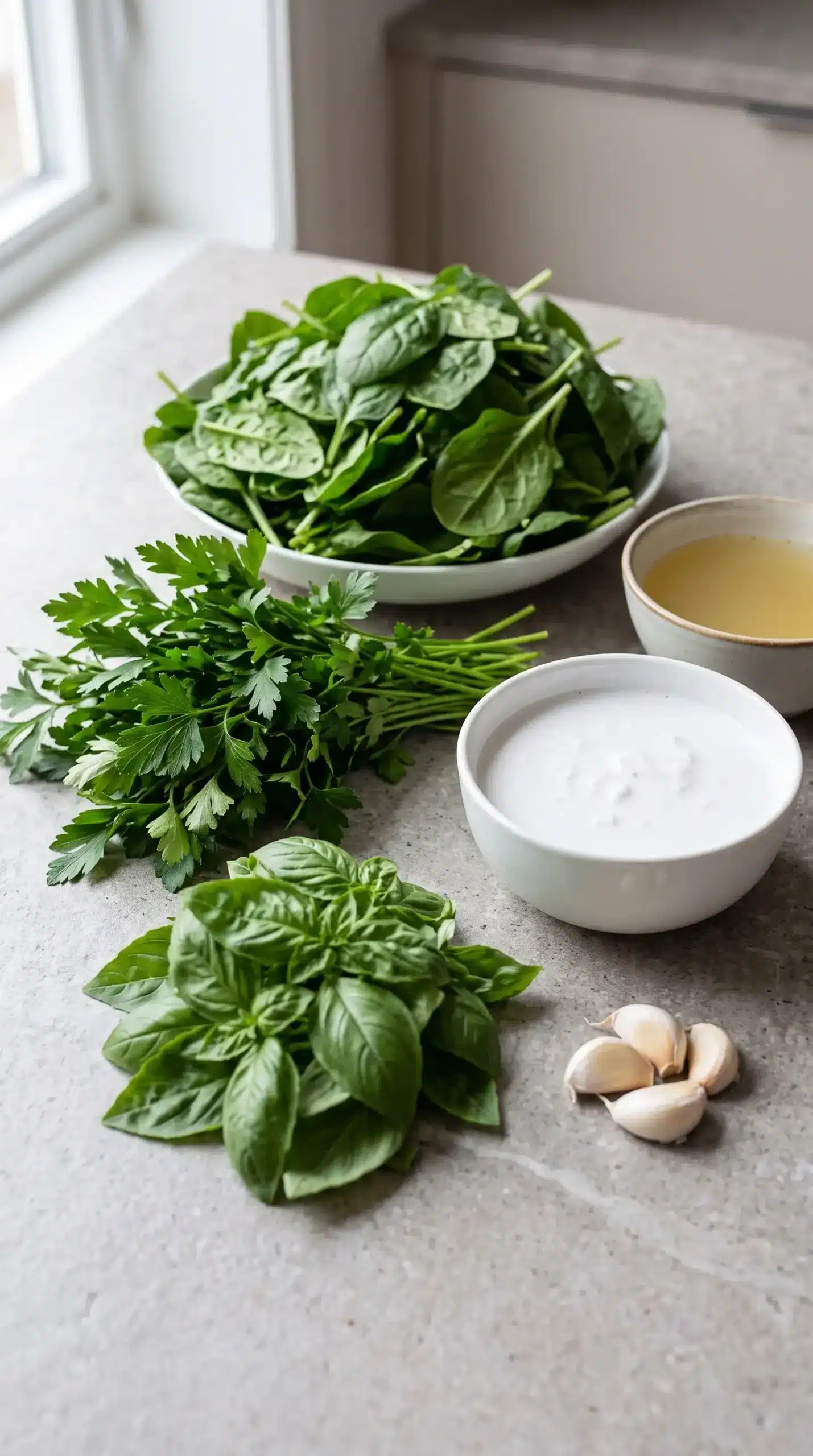 Fresh basil, parsley, spinach, garlic, coconut milk, and vegetable broth arranged on a stone surface