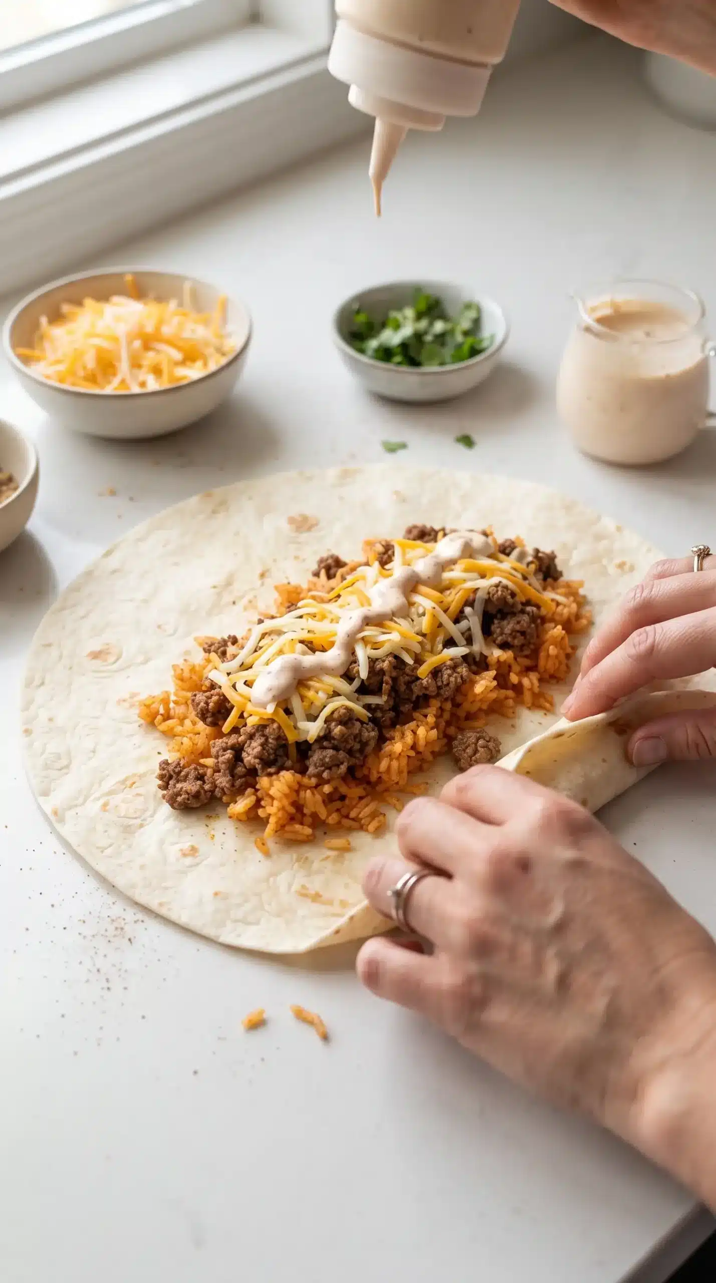 Tortilla filled with beef, rice, cheese, and sauce during burrito assembly