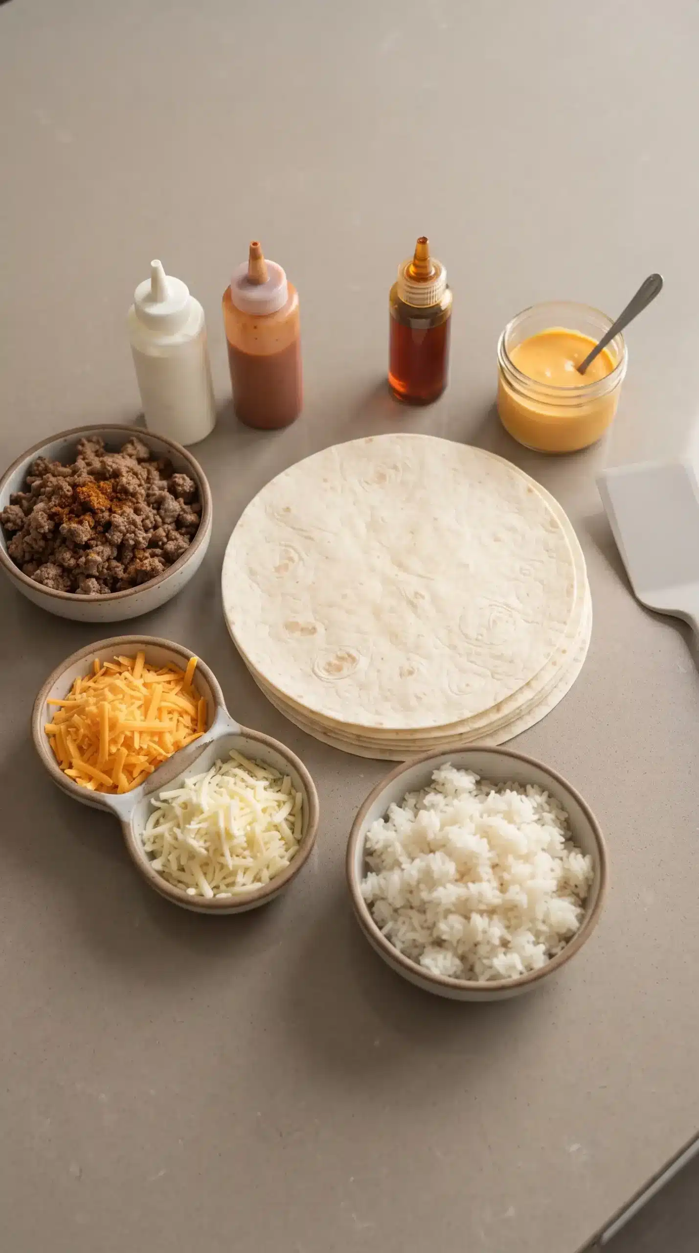 Ingredients for a grilled cheese burrito with beef, rice, cheeses, sauces, and tortillas