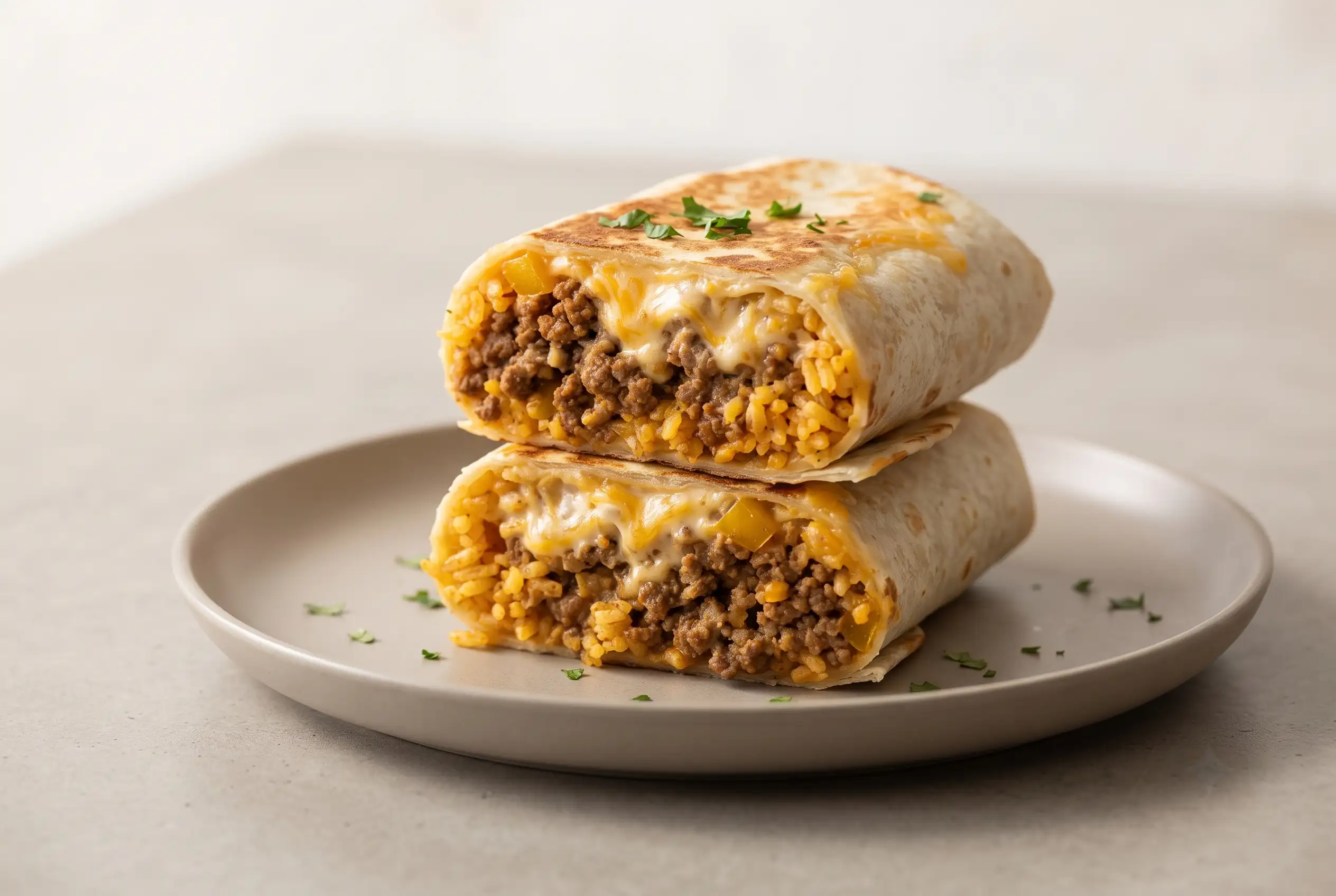 Grilled cheese burrito with beef, rice, melted cheese, and cheese sauce on a plate