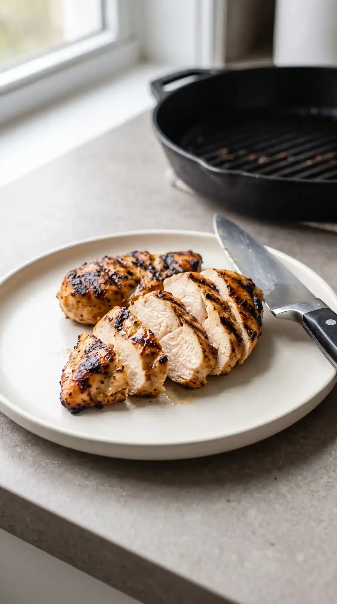 Grilled chicken breast slices with browned edges resting after cooking