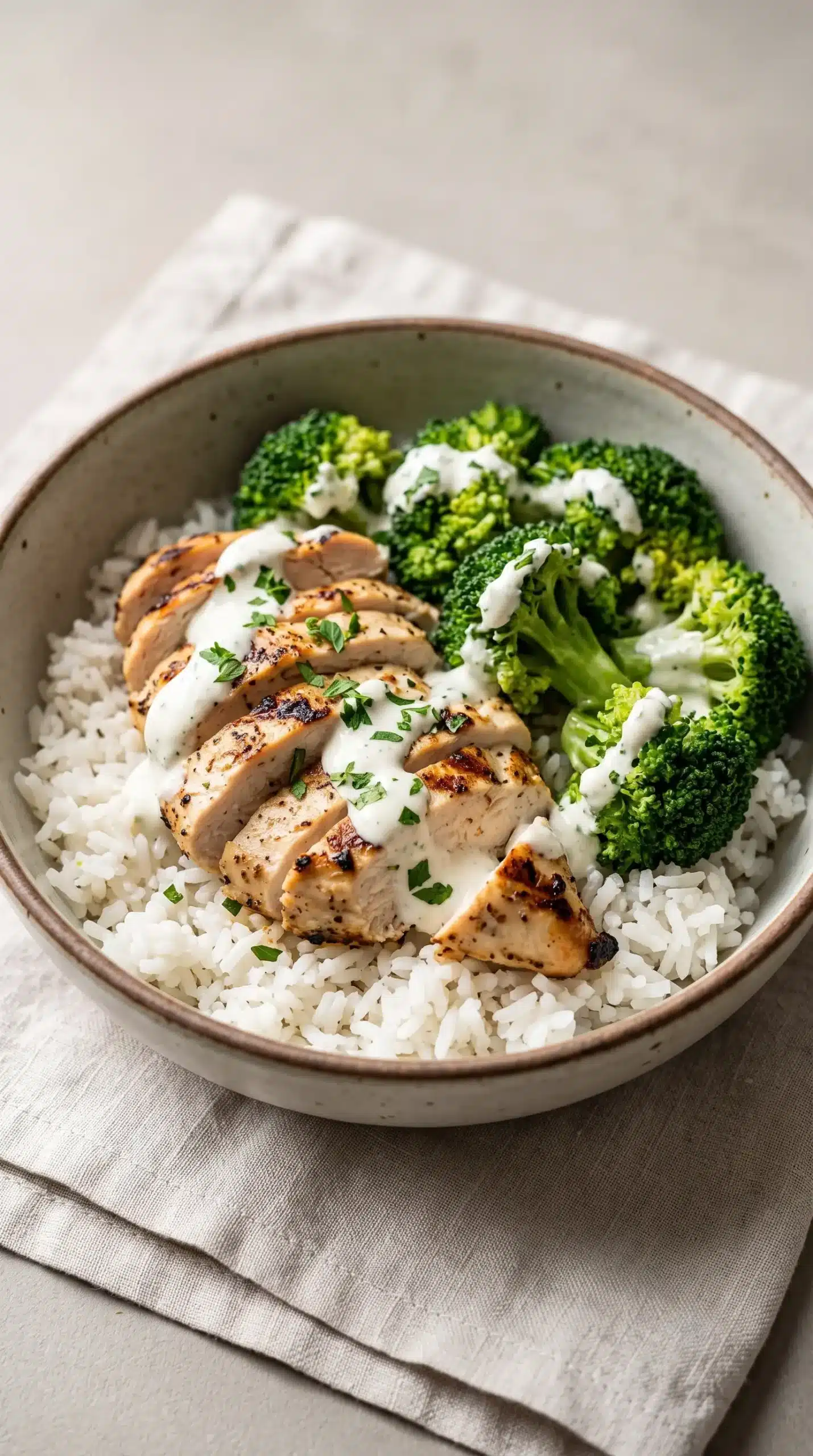 Grilled chicken broccoli bowl with rice, garlic sauce, and parsley