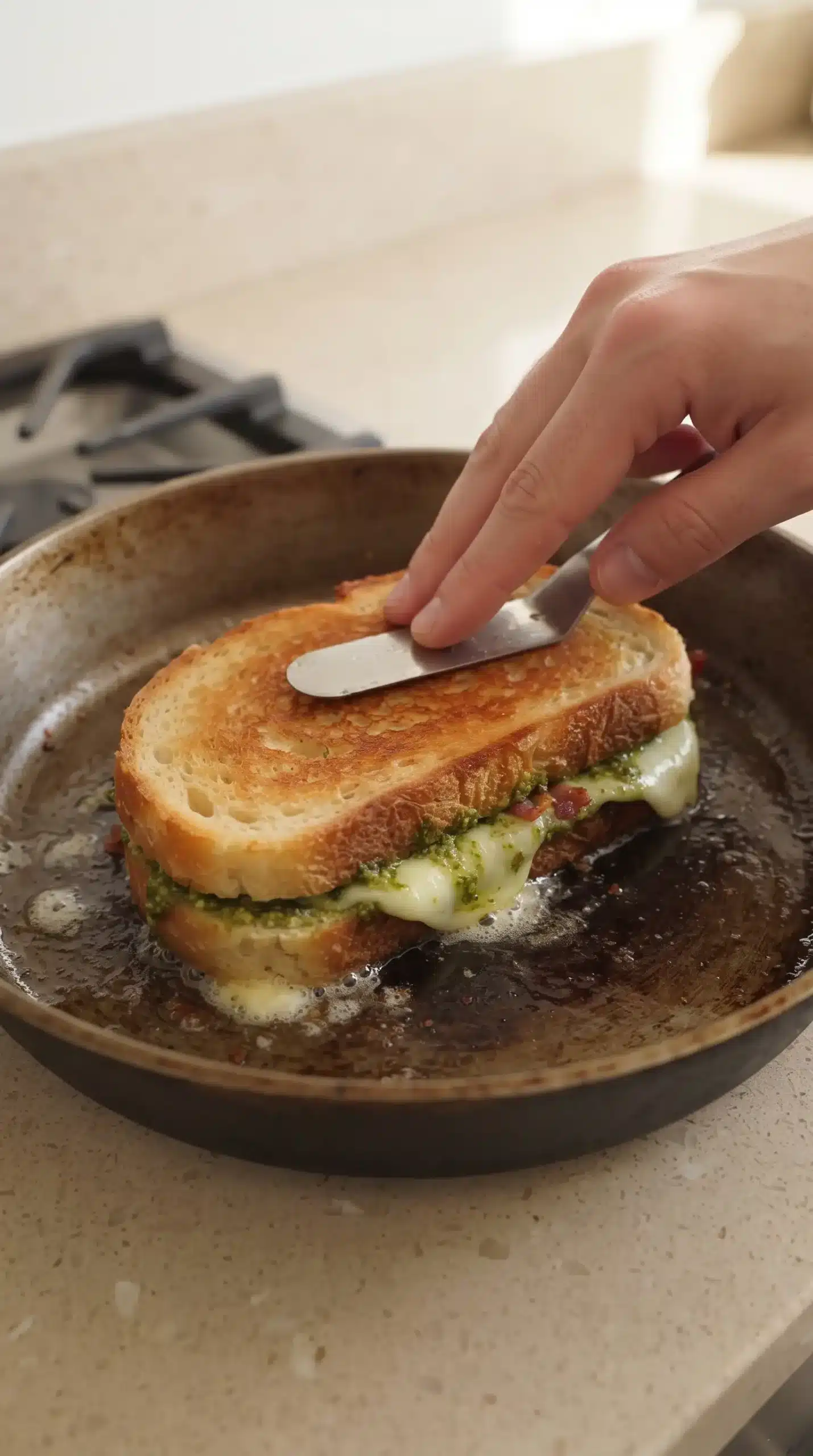 Pesto grilled cheese sandwich browning in a skillet while pressed with a spatula
