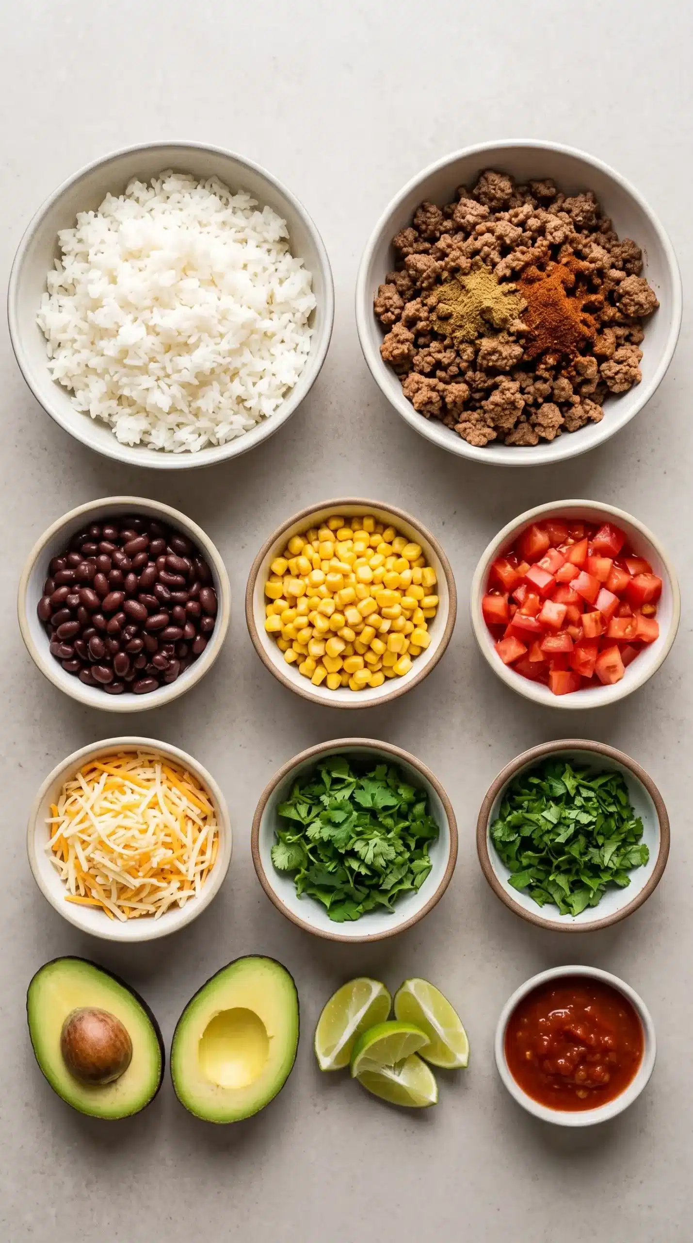 Ingredients for a ground beef burrito bowl including seasoned beef, rice, black beans, corn, tomatoes, cheese, and toppings