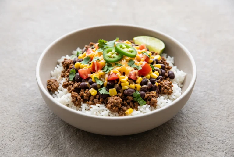 Ground beef burrito bowl with rice, black beans, beef, corn, tomatoes, cheese, and fresh toppings