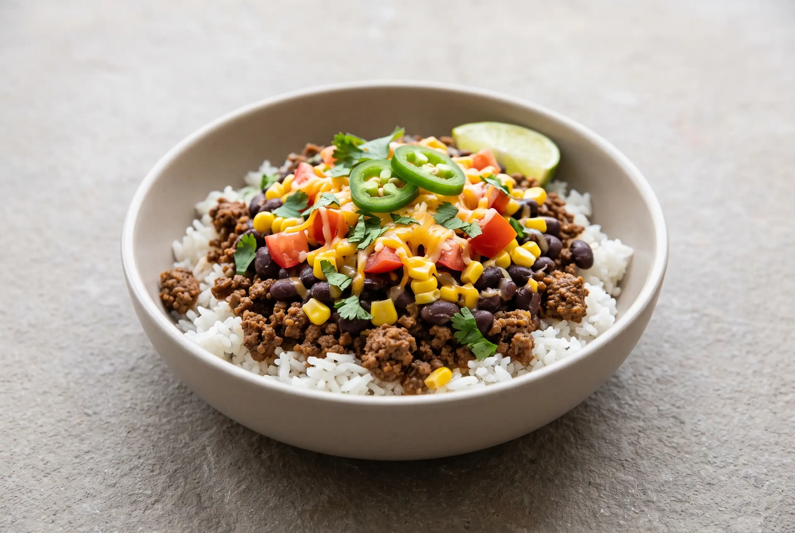 Ground beef burrito bowl with rice, black beans, beef, corn, tomatoes, cheese, and fresh toppings