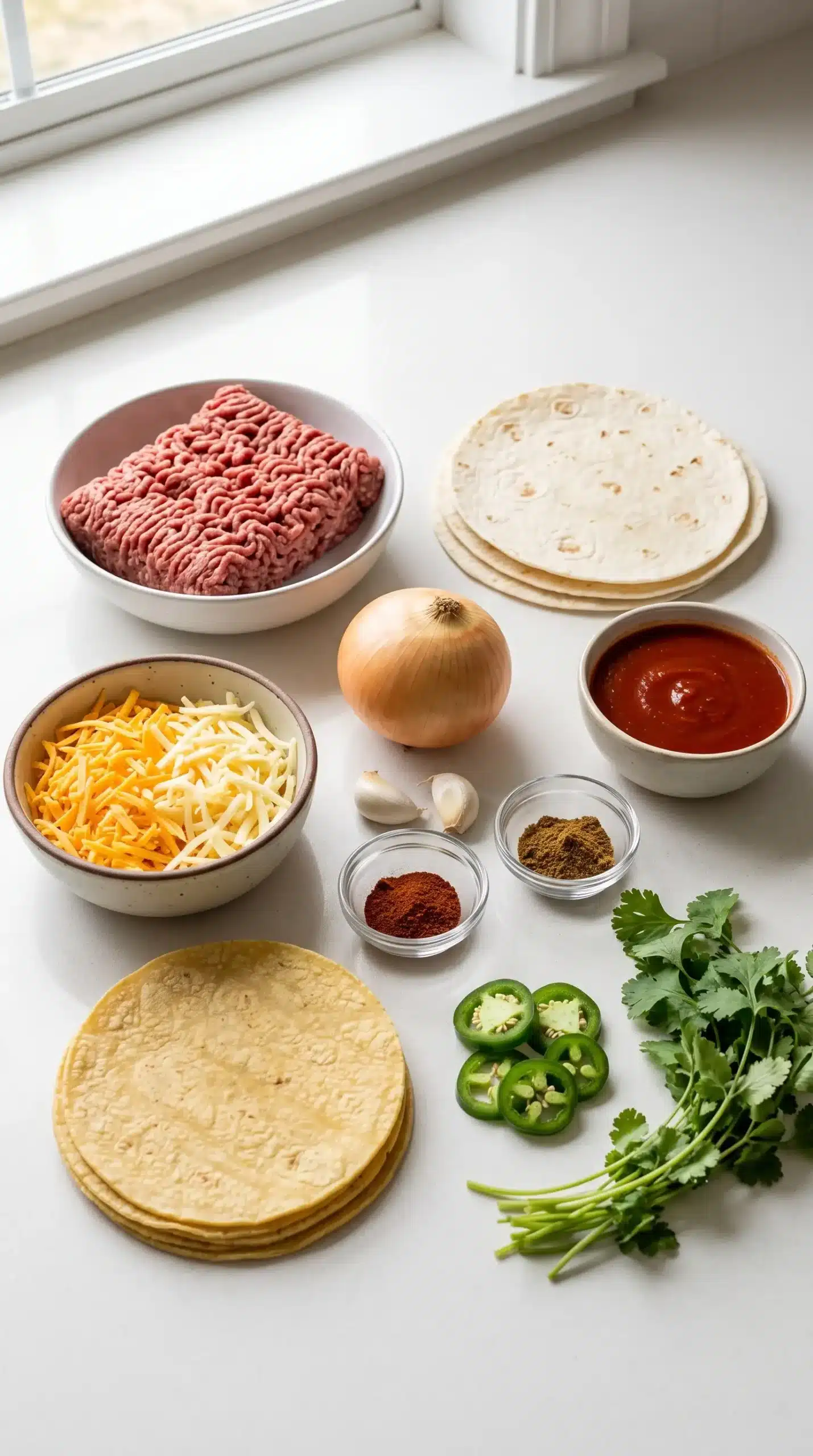 Ingredients for ground beef enchiladas including beef, tortillas, cheese, sauce, and seasonings