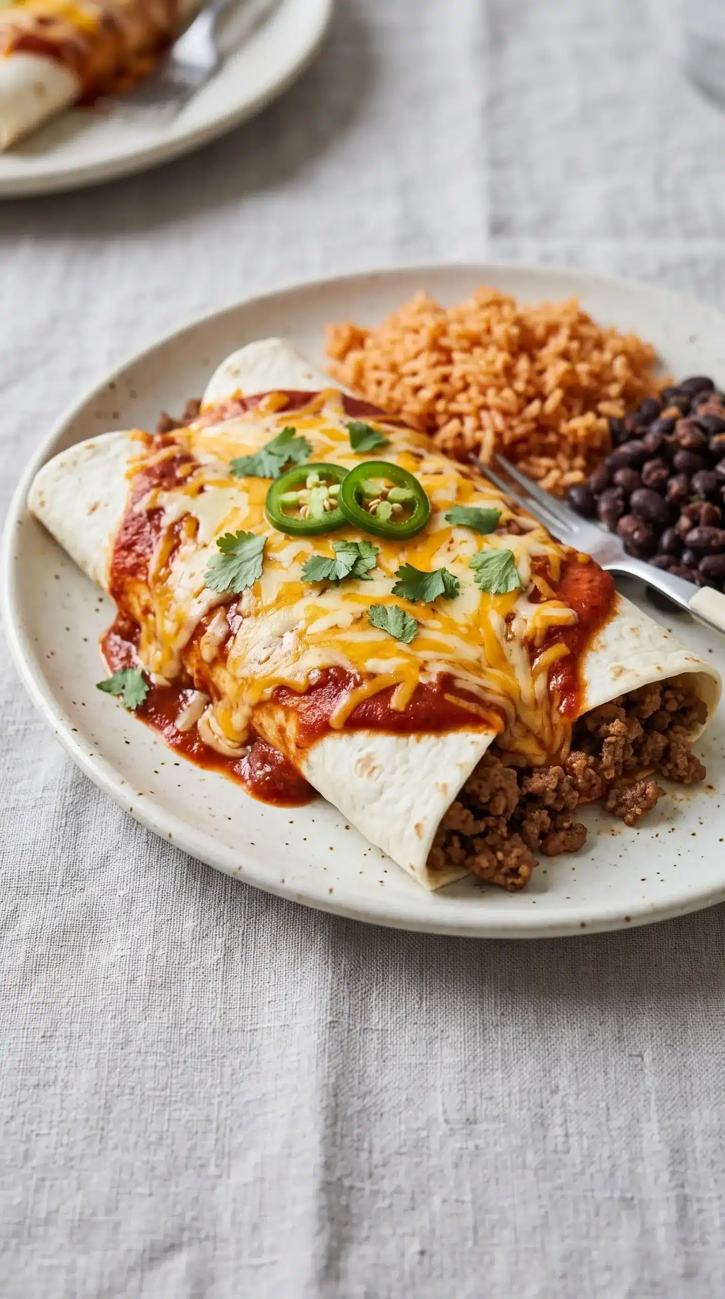 Ground beef enchiladas with melted cheese served with rice and black beans