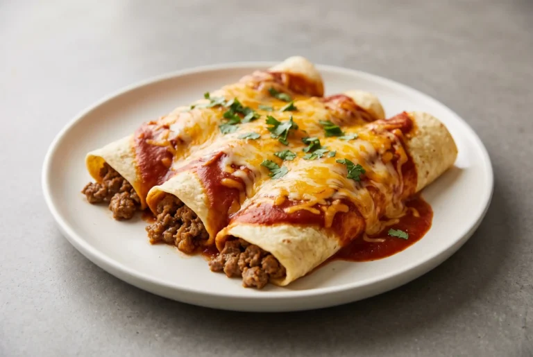 Ground beef enchiladas topped with melted cheese and red enchilada sauce on a plate