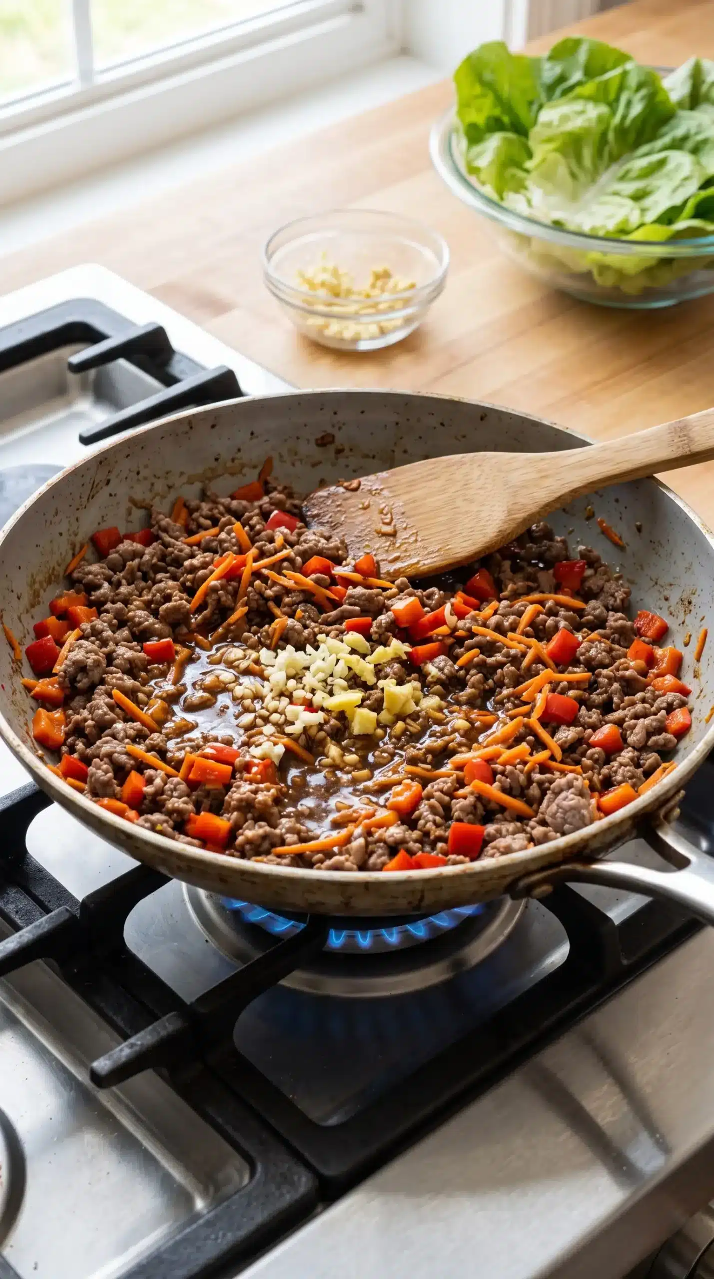 Skillet with browned ground beef, vegetables, garlic, ginger, and savory sauce