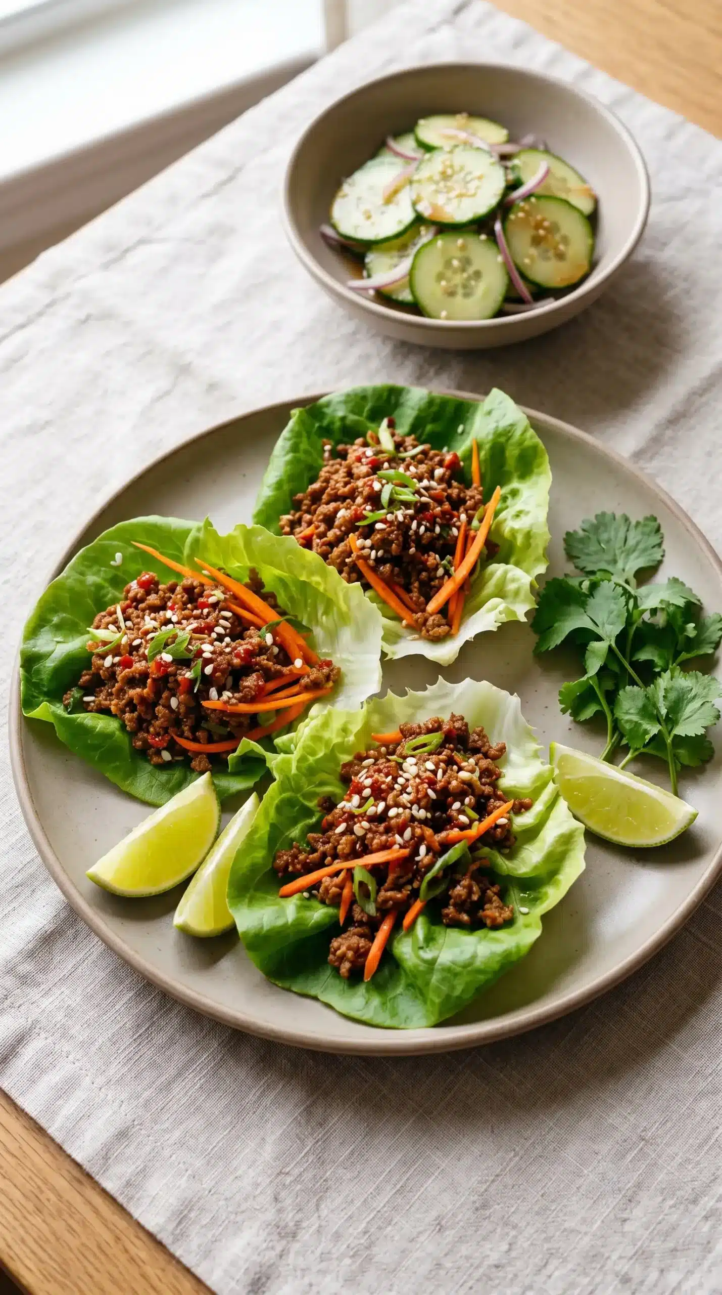 Plate of ground beef lettuce wraps served with fresh lime and meal pairings
