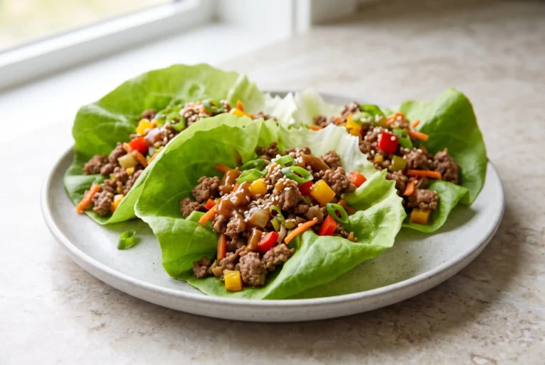 Ground beef lettuce wraps filled with seasoned beef, vegetables, and savory sauce on a plate