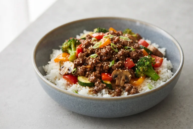 Spicy ground beef stir fry bowl with rice, broccoli, peppers, zucchini, and mushrooms