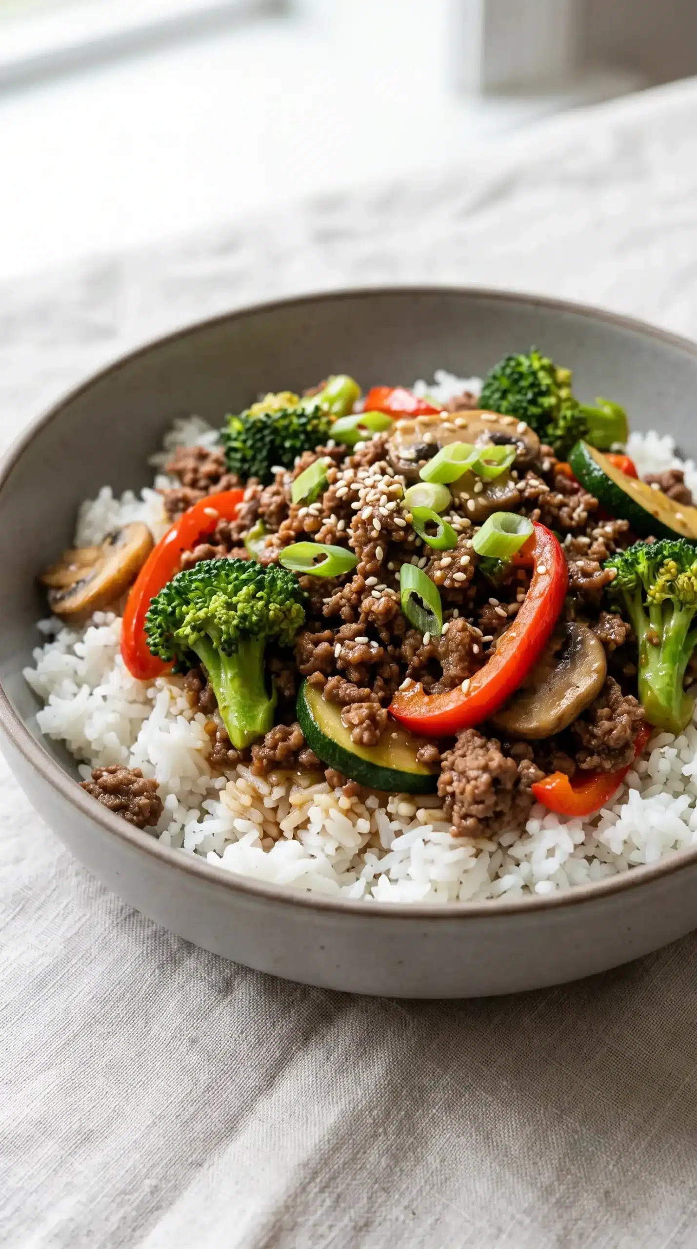 Spicy ground beef stir-fry bowl with rice, saucy beef, and crisp vegetables
