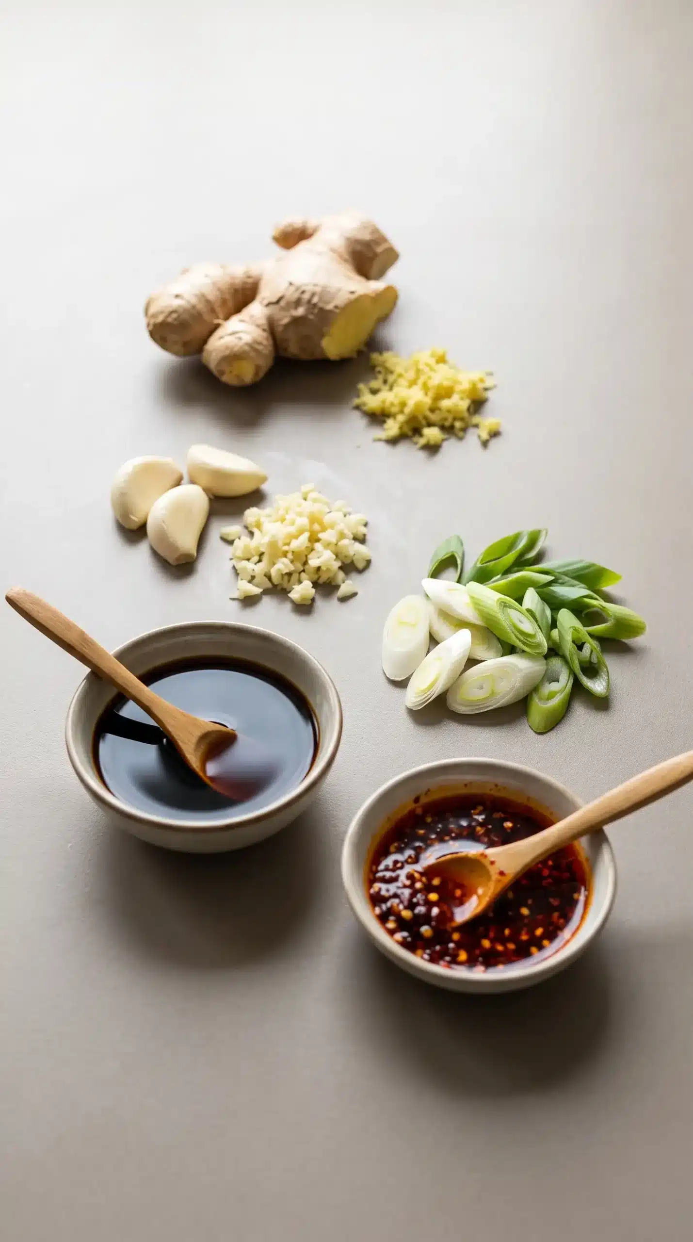 Fresh ginger, garlic, spring onions, soy sauce, and chili oil for gyoza soup broth