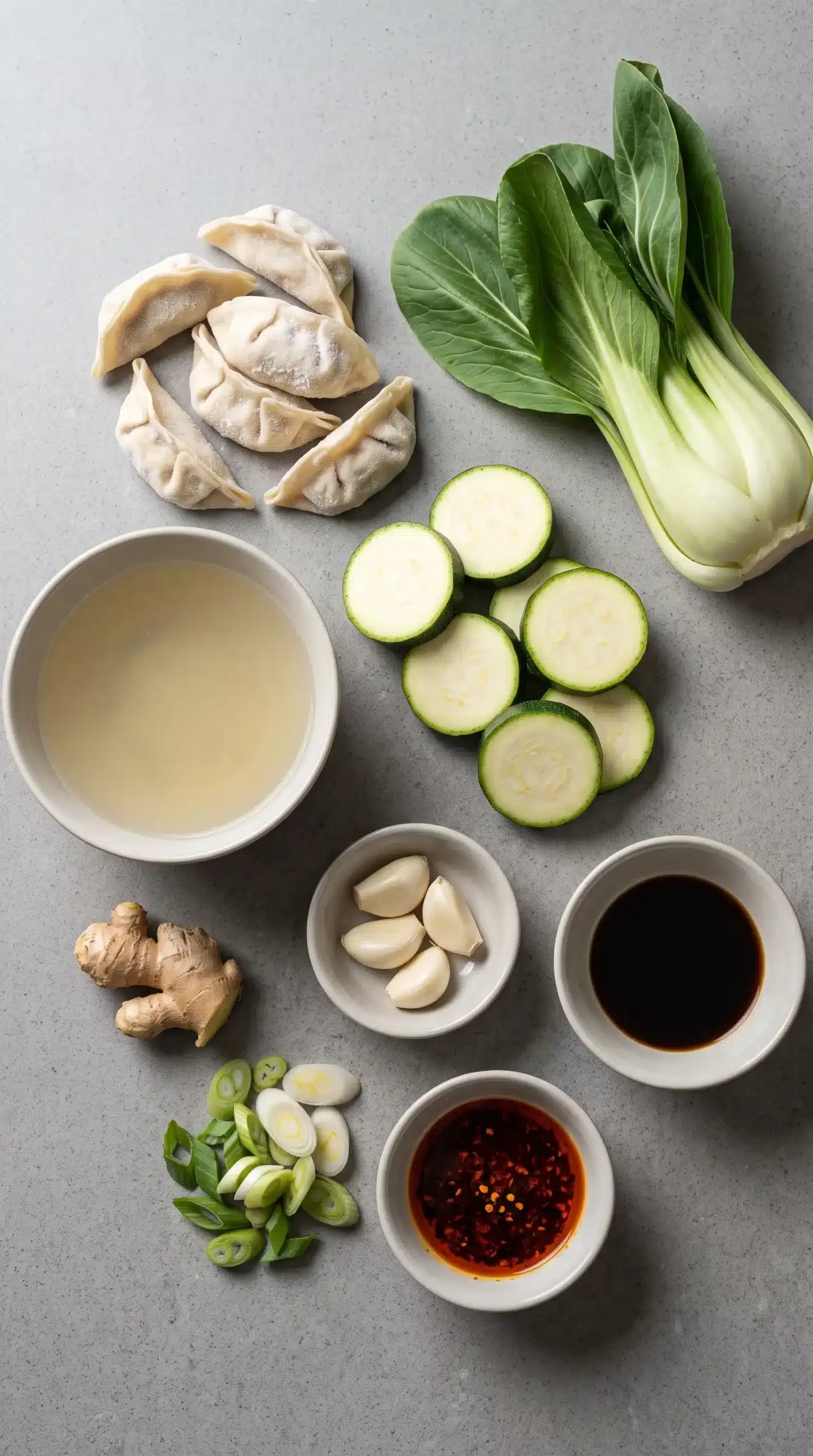 Ingredients for gyoza soup including vegetable dumplings, pak choi, courgette, ginger, and soy sauce