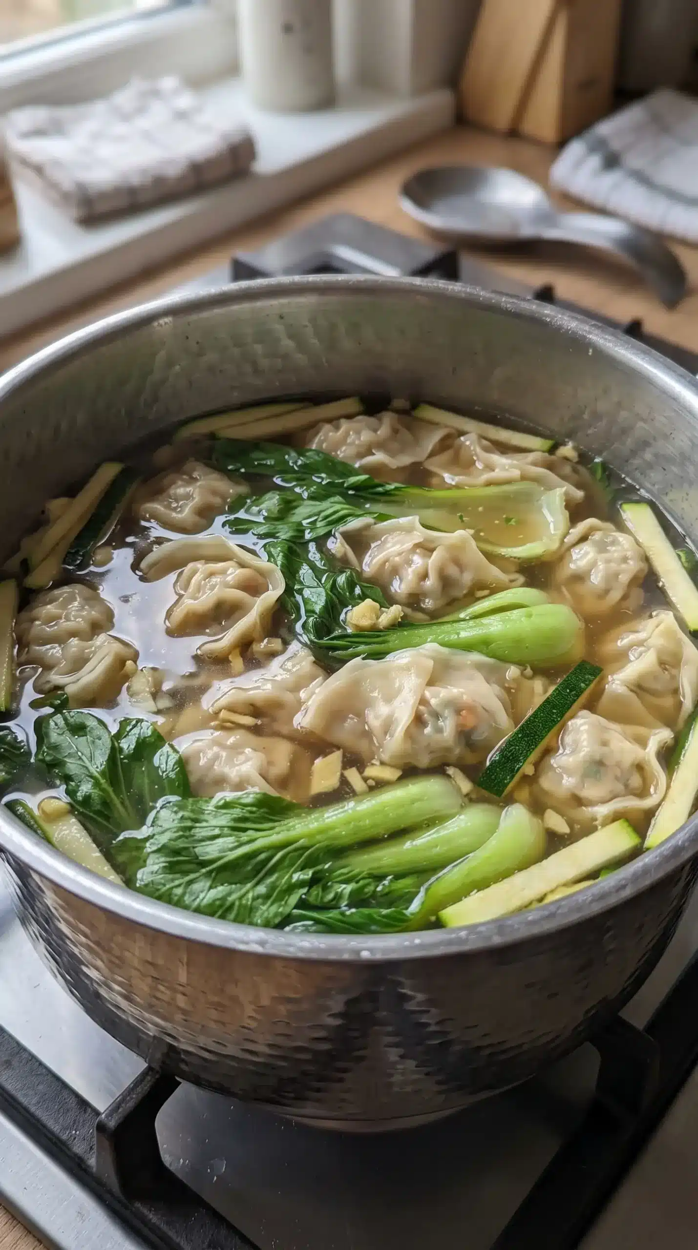 Vegetable gyoza dumplings and vegetables simmering in a clear savory broth