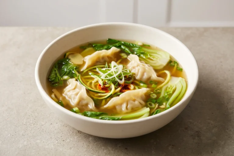 Gyoza soup with vegetable dumplings, pak choi, courgette, and spring onions in broth