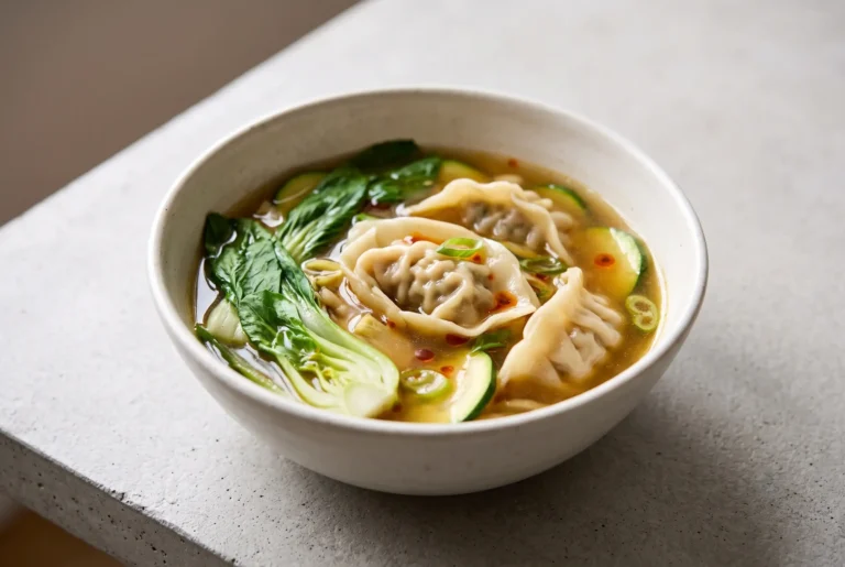 Gyoza soup with dumplings and vegetables in a savory broth bowl