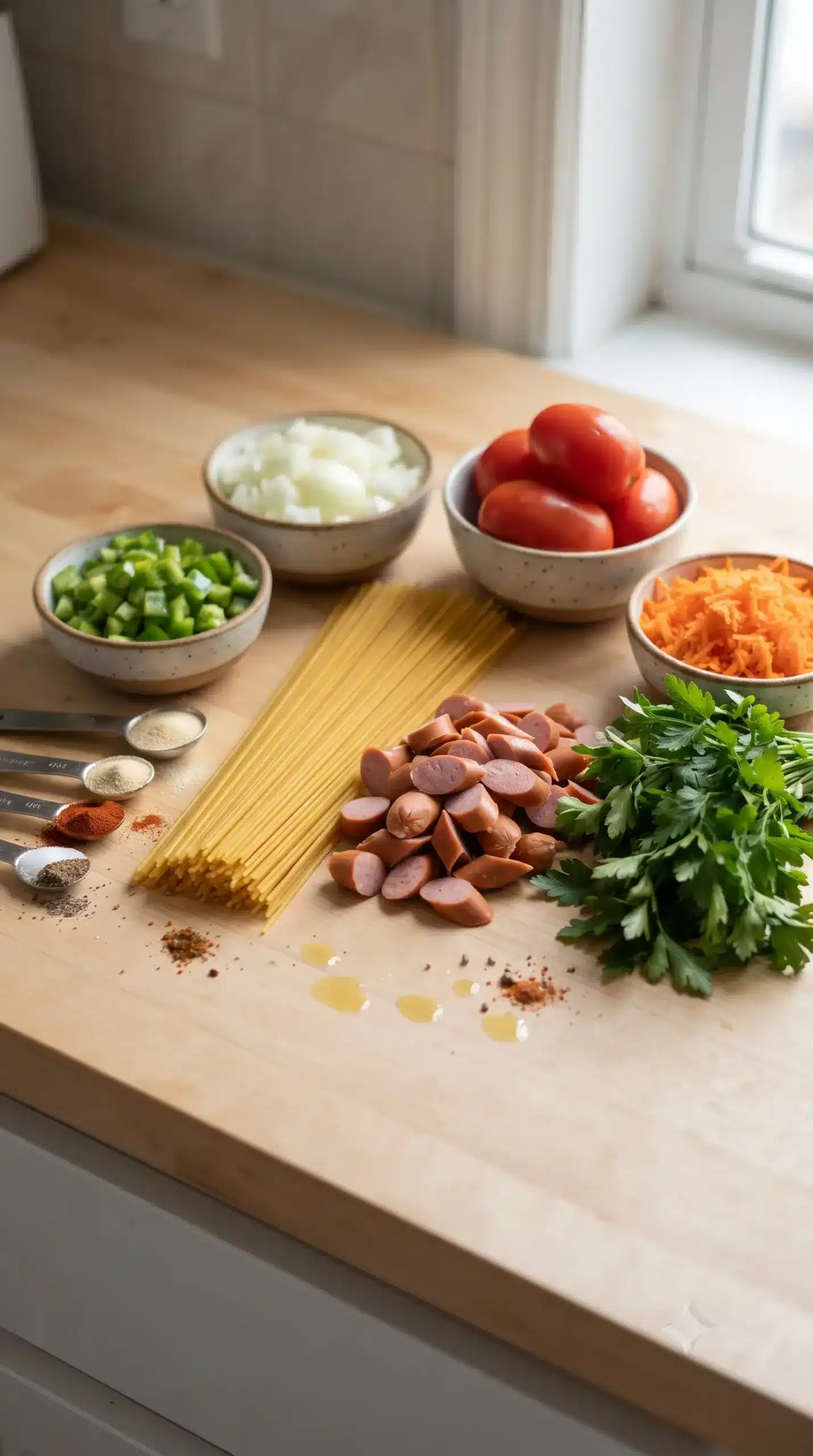 Ingredients for Haitian spaghetti including pasta, sausage, tomato sauce, and chopped vegetables