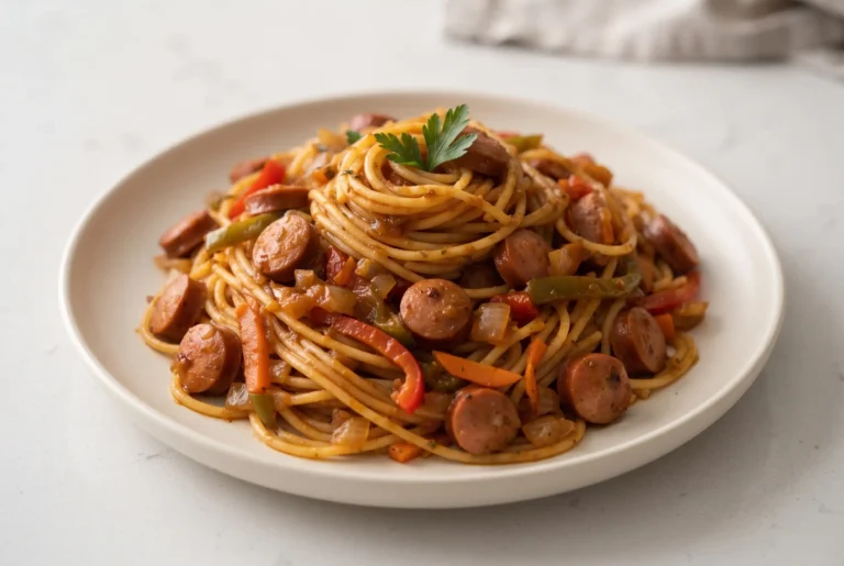 Haitian spaghetti with tomato sauce, sausage slices, and vegetables served on a plate