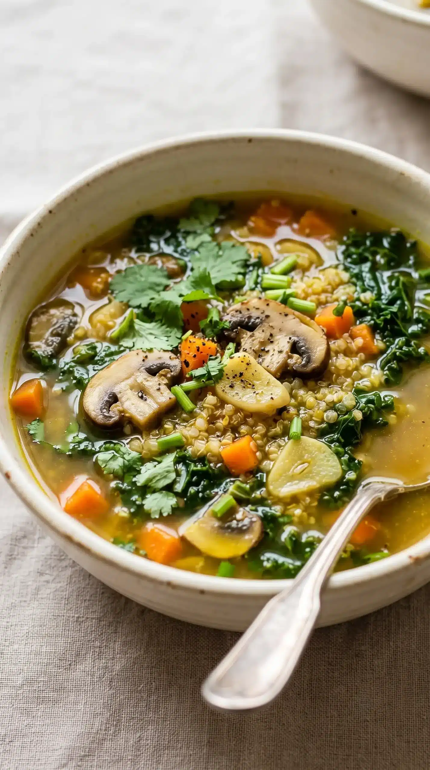 Healing garlic soup with quinoa, mushrooms, carrots, kale, and coriander in a bowl