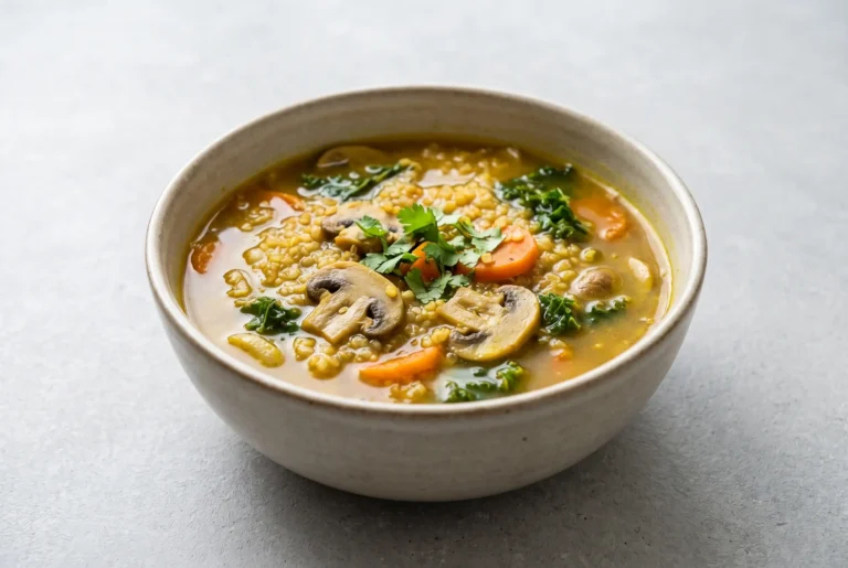 Healing garlic soup with quinoa, mushrooms, kale, and vegetables in a ceramic bowl