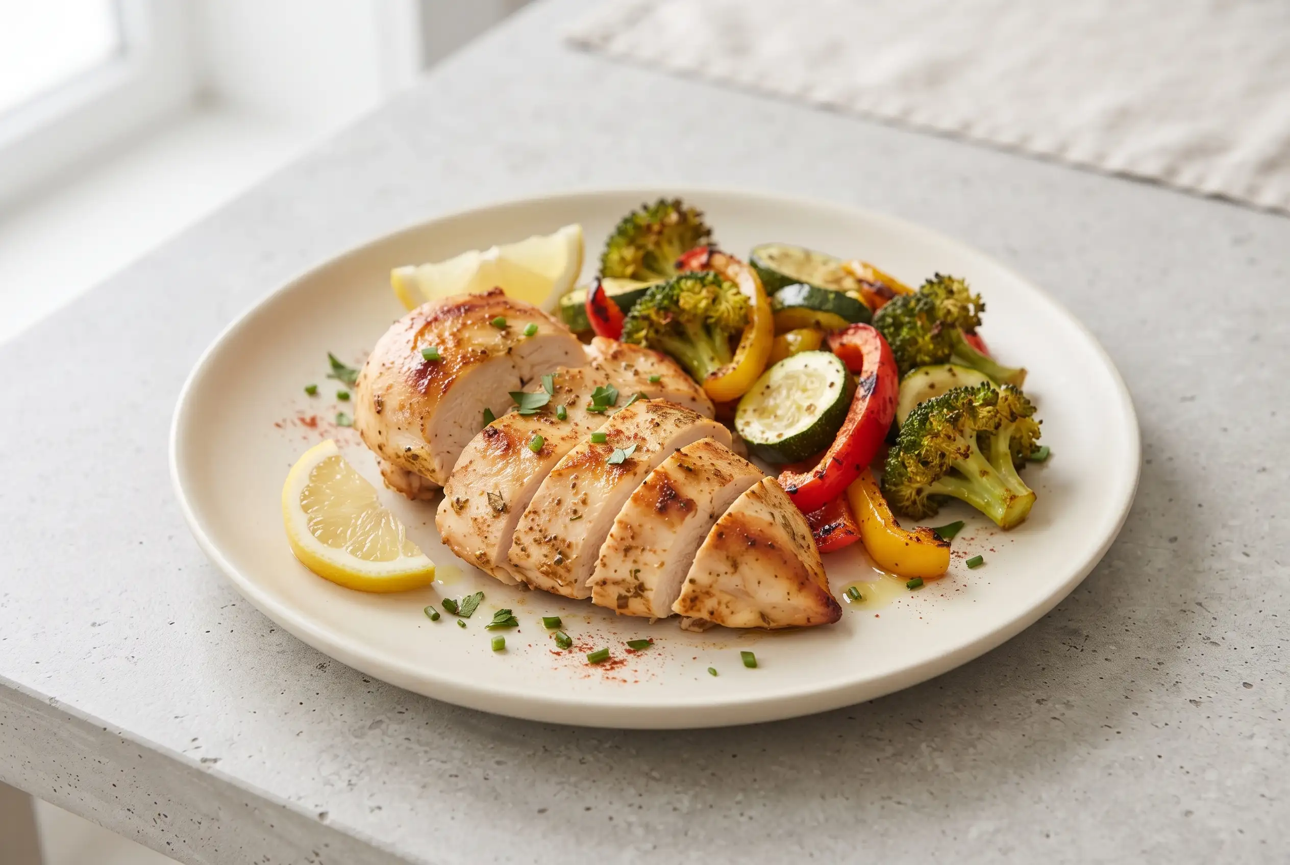 Healthy chicken recipe with roasted vegetables, lemon wedges, and seasoned chicken breast on a plate