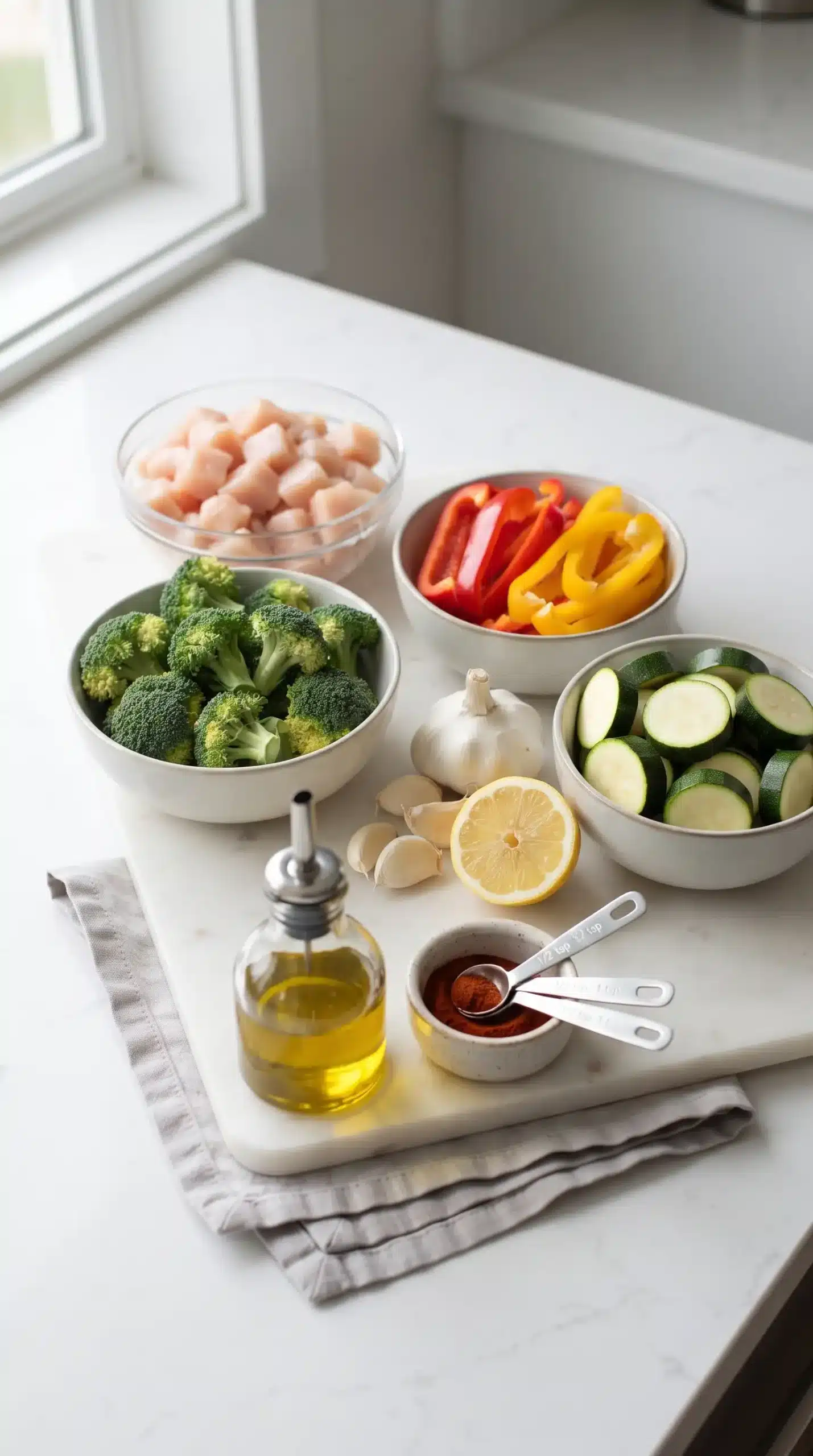Raw chicken breast, vegetables, lemon, garlic, olive oil, and seasonings prepared for roasting