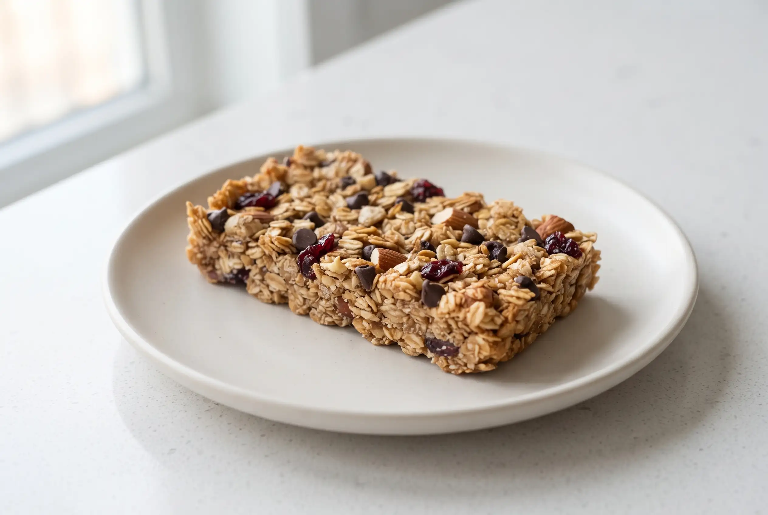 Healthy granola bar with oats and dark chocolate chips on a ceramic plate