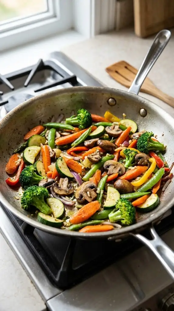 Skillet of healthy sautéed vegetables with garlic and olive oil cooking with lightly browned edges