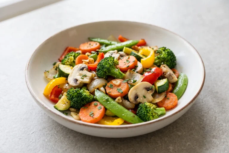Healthy sautéed vegetables with garlic and olive oil in a bowl with broccoli, peppers, carrots, zucchini, and mushrooms