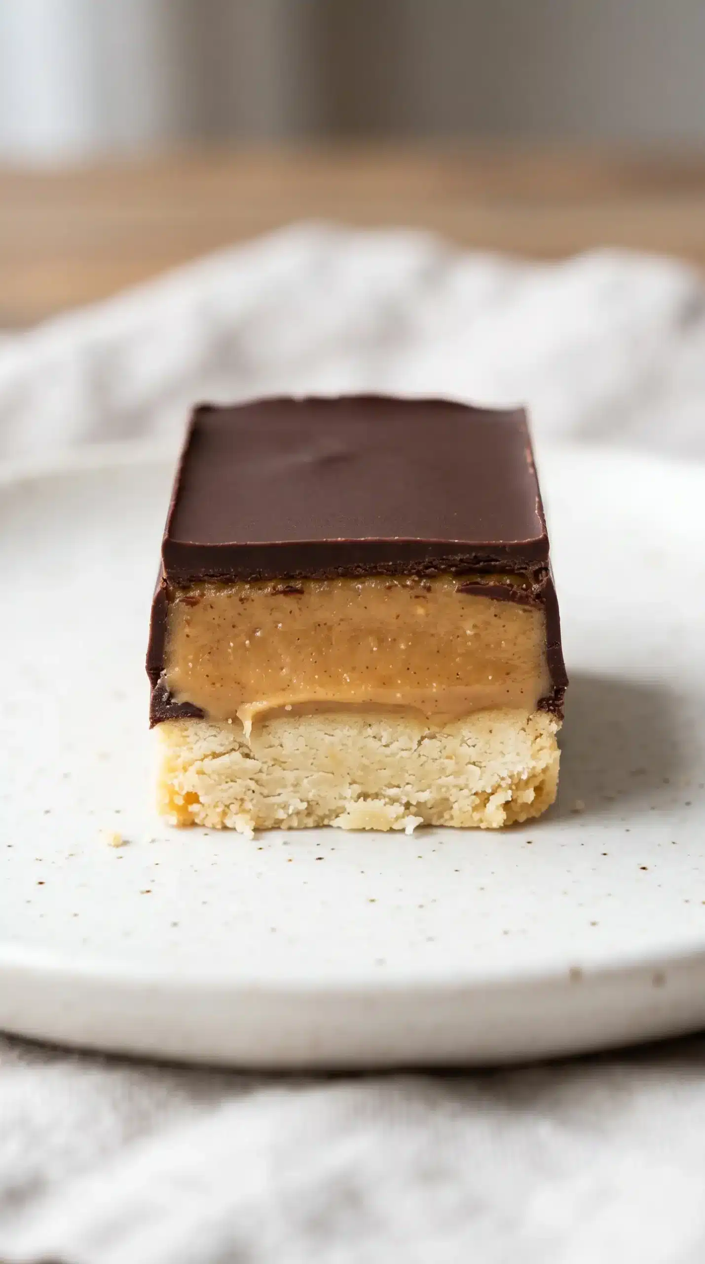 Cross-section of healthy Twix bars showing shortbread, peanut butter caramel, and chocolate layers