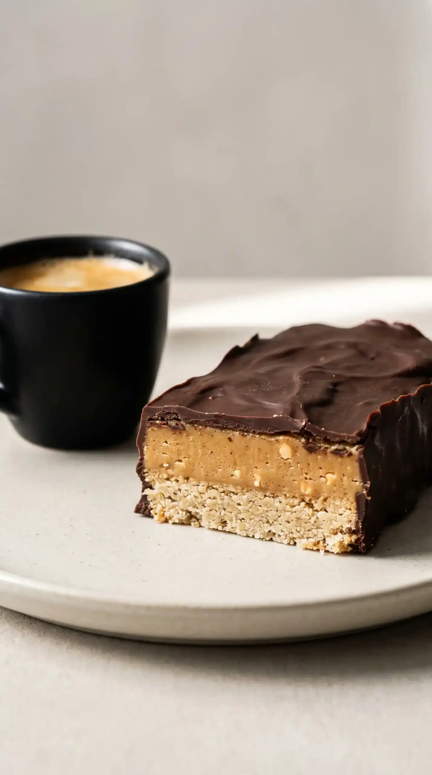 Healthy Twix bar served beside coffee showing chocolate coating and peanut butter caramel layer