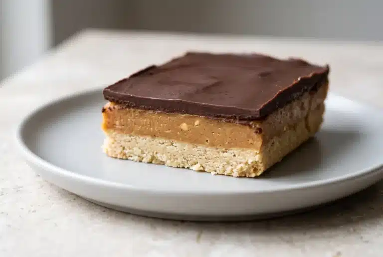Healthy Twix bar with almond flour base, peanut butter caramel layer, and chocolate coating