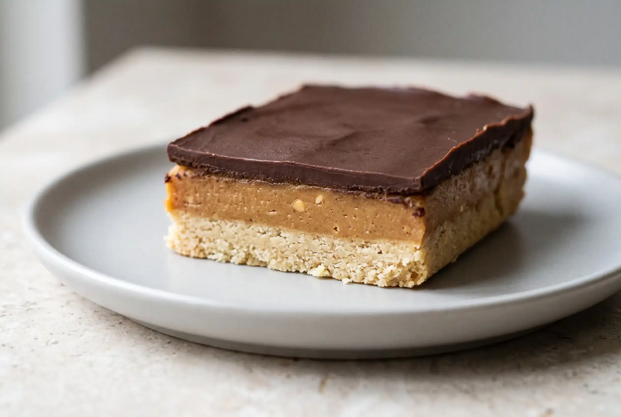 Healthy Twix bar with almond flour base, peanut butter caramel layer, and chocolate coating