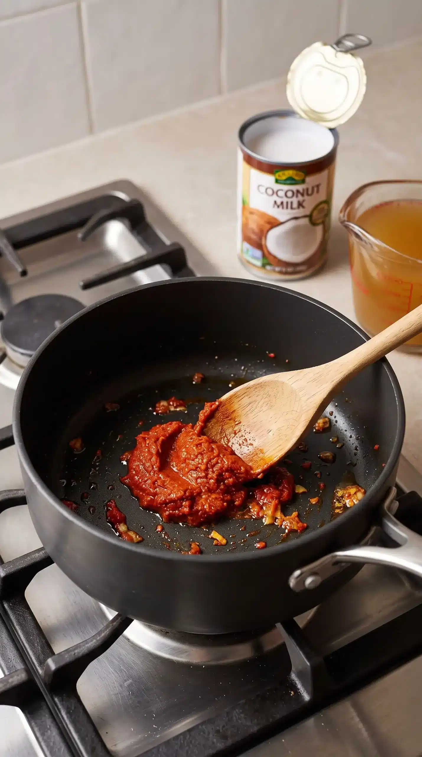 Red curry paste heated in a pot before adding coconut milk and broth for noodle soup