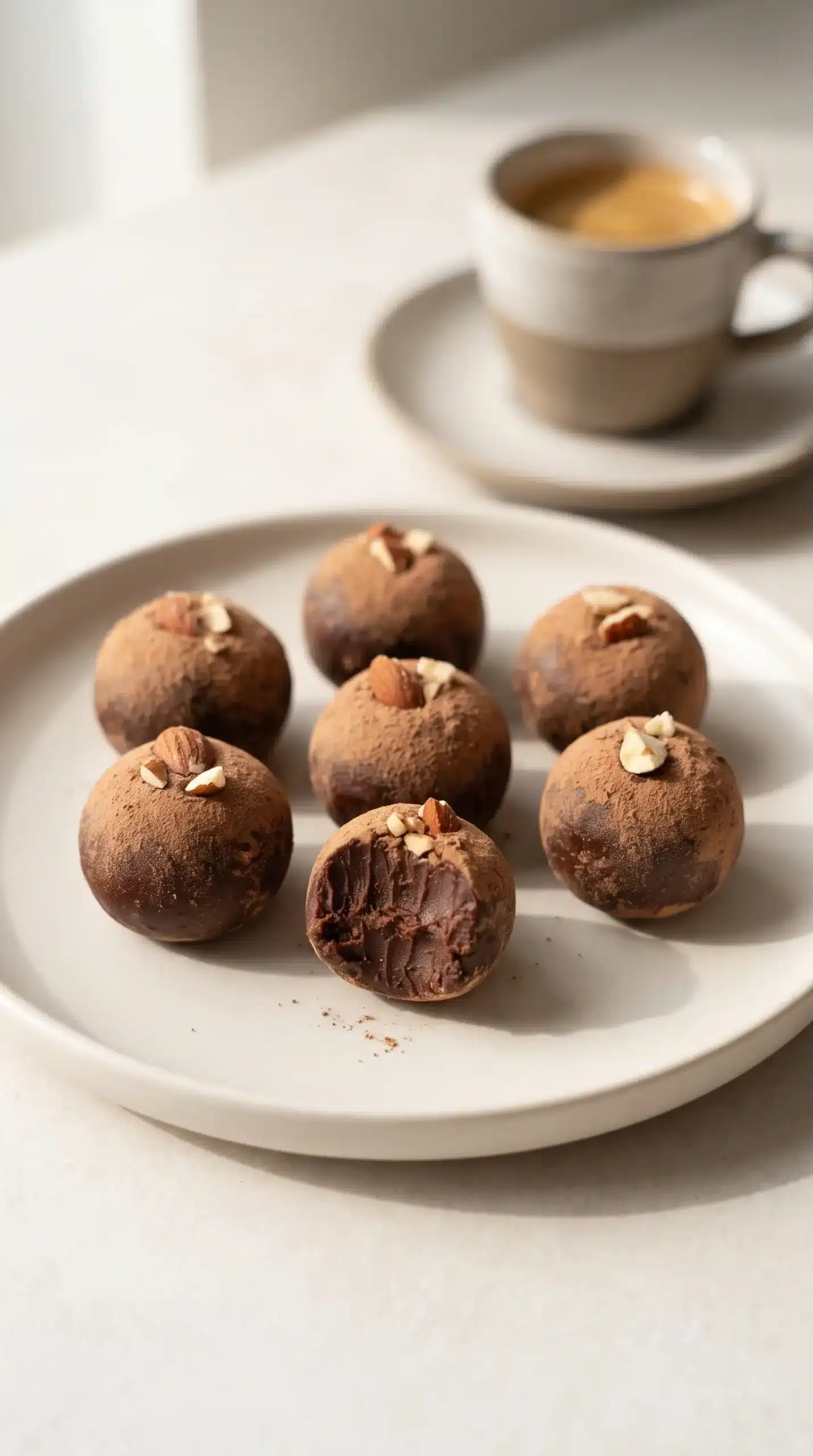 High protein coffee truffles served with cocoa coating and espresso