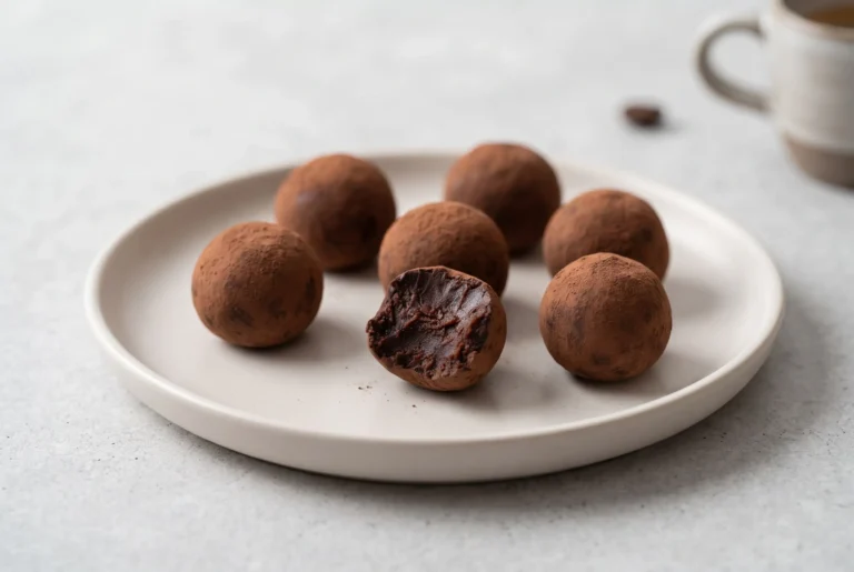 High protein coffee truffles with cocoa and almond flour on a ceramic plate