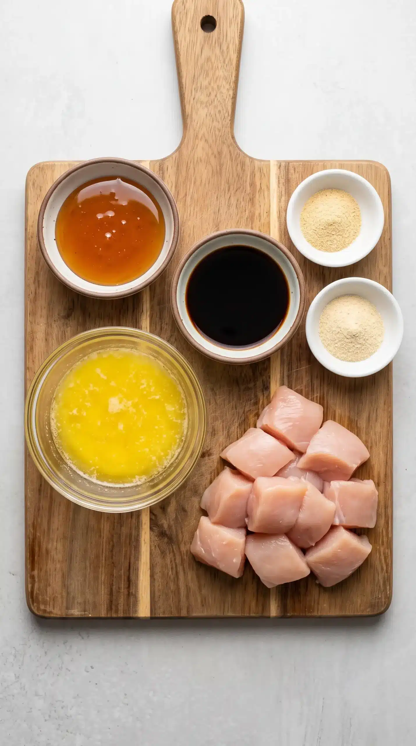Honey, butter, soy sauce, seasonings, and chicken prepared for honey butter chicken glaze