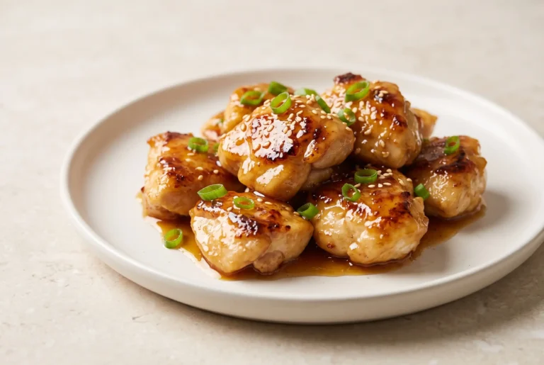 Honey butter chicken pieces coated in a glossy sweet savory glaze on a plate