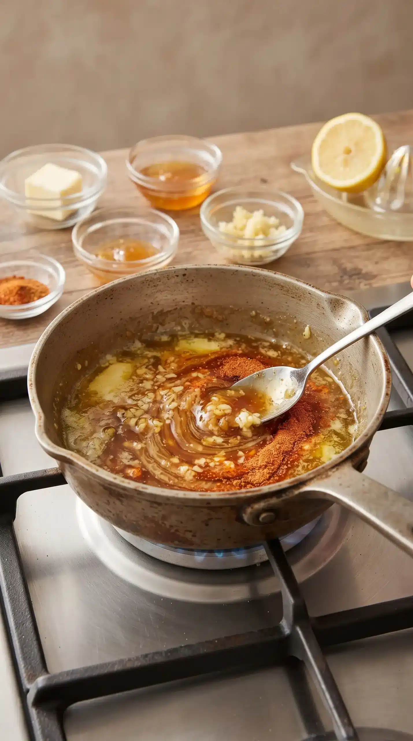 Honey butter glaze with melted butter, honey, garlic, lemon juice, and Cajun seasoning in a pan