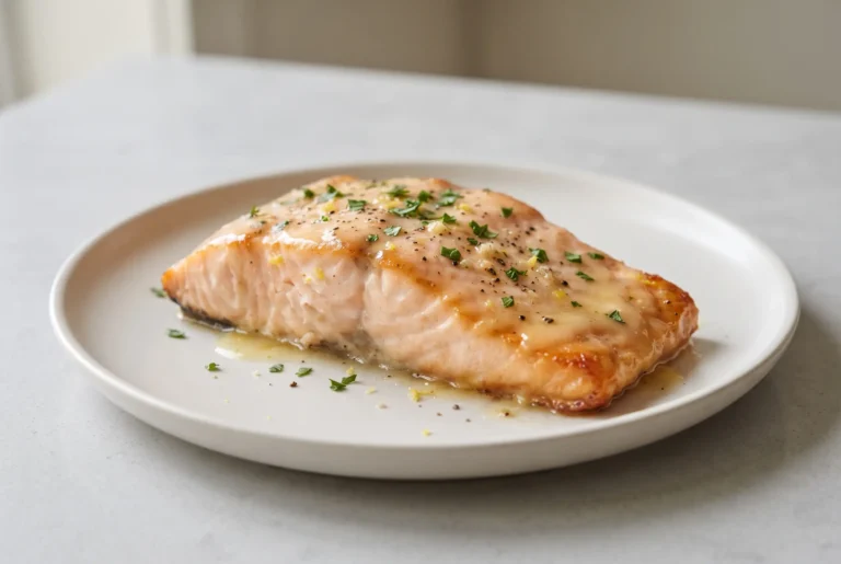 Honey garlic butter salmon fillet with lemon glaze on a plate
