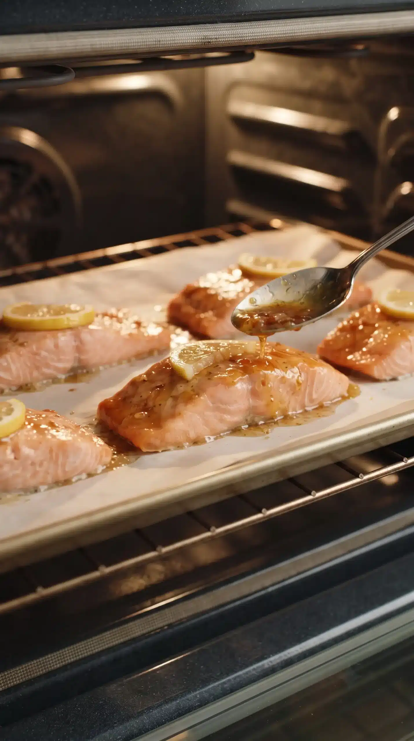 Glazed salmon fillets baking on a parchment-lined tray with lemon slices
